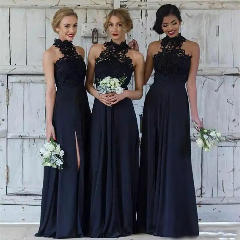 

2024 Cheap Navy Blue Bridesmaid Dress Long Chiffon Halter Split Side Lace Formal Party Dresses Modest Maid Of Honor Gowns