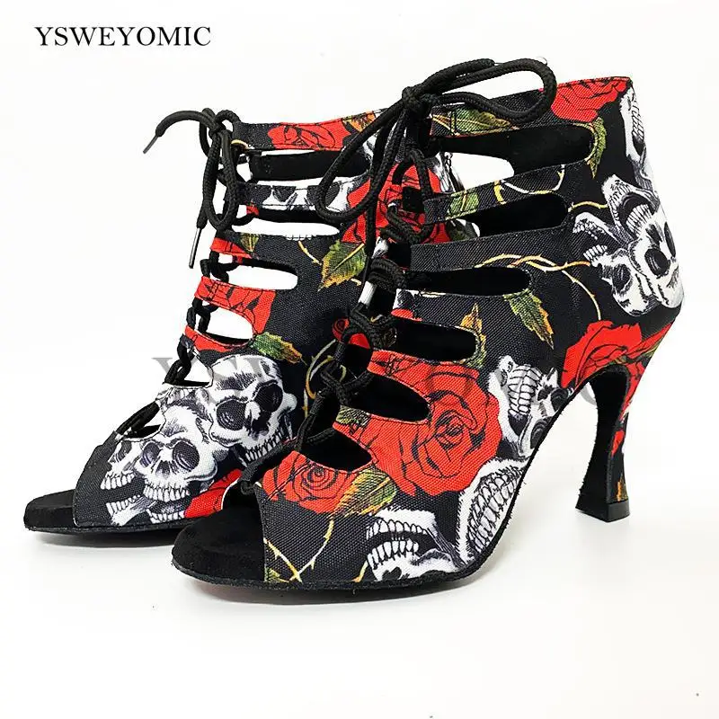 2021 Spring Summer Style Salsa Bachata Dance Shoes Girls Halloween Skull Latin Dance Boot 9cm Heel Women Latin Dance Shoes