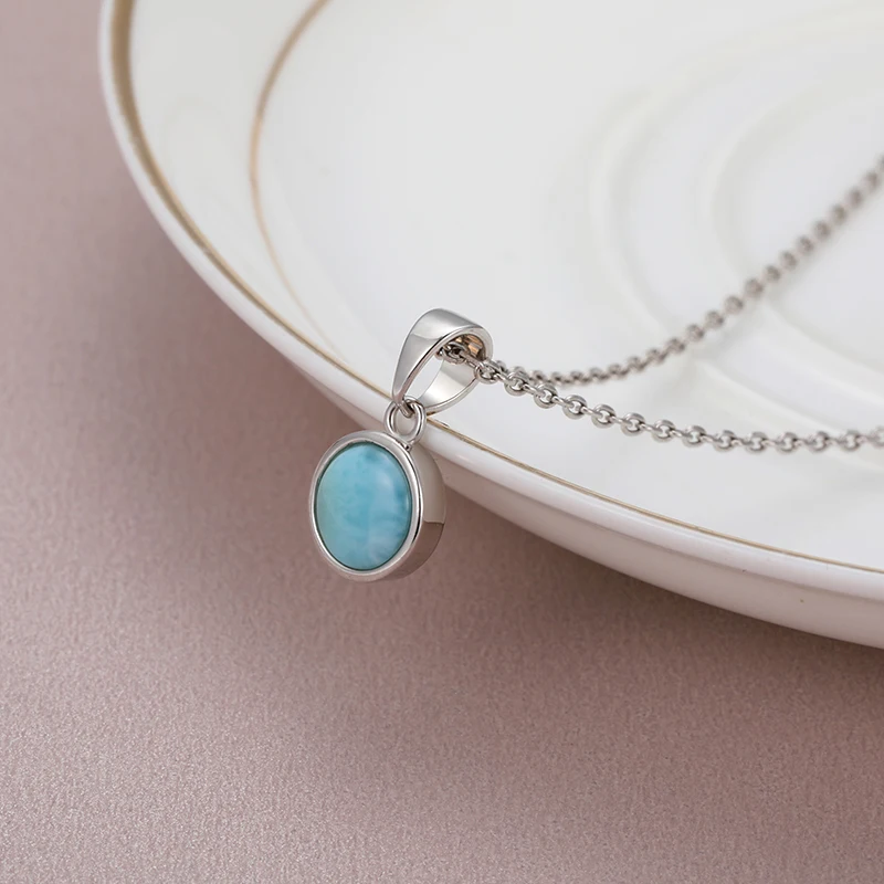 2021 New Trend Classic Charm 925 Sterling Silver Jewelry Gifts Retro Oval Natural Precious Larimar Pendant Necklace for Woman