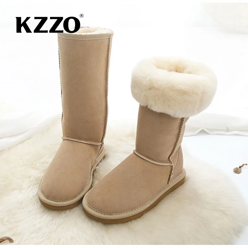 KZZO 100% Natural Wool Genuine Leather Knee-High Boots For Women Australia Classic Keep Warm Winter Outdoor Snow Boots Non-slip