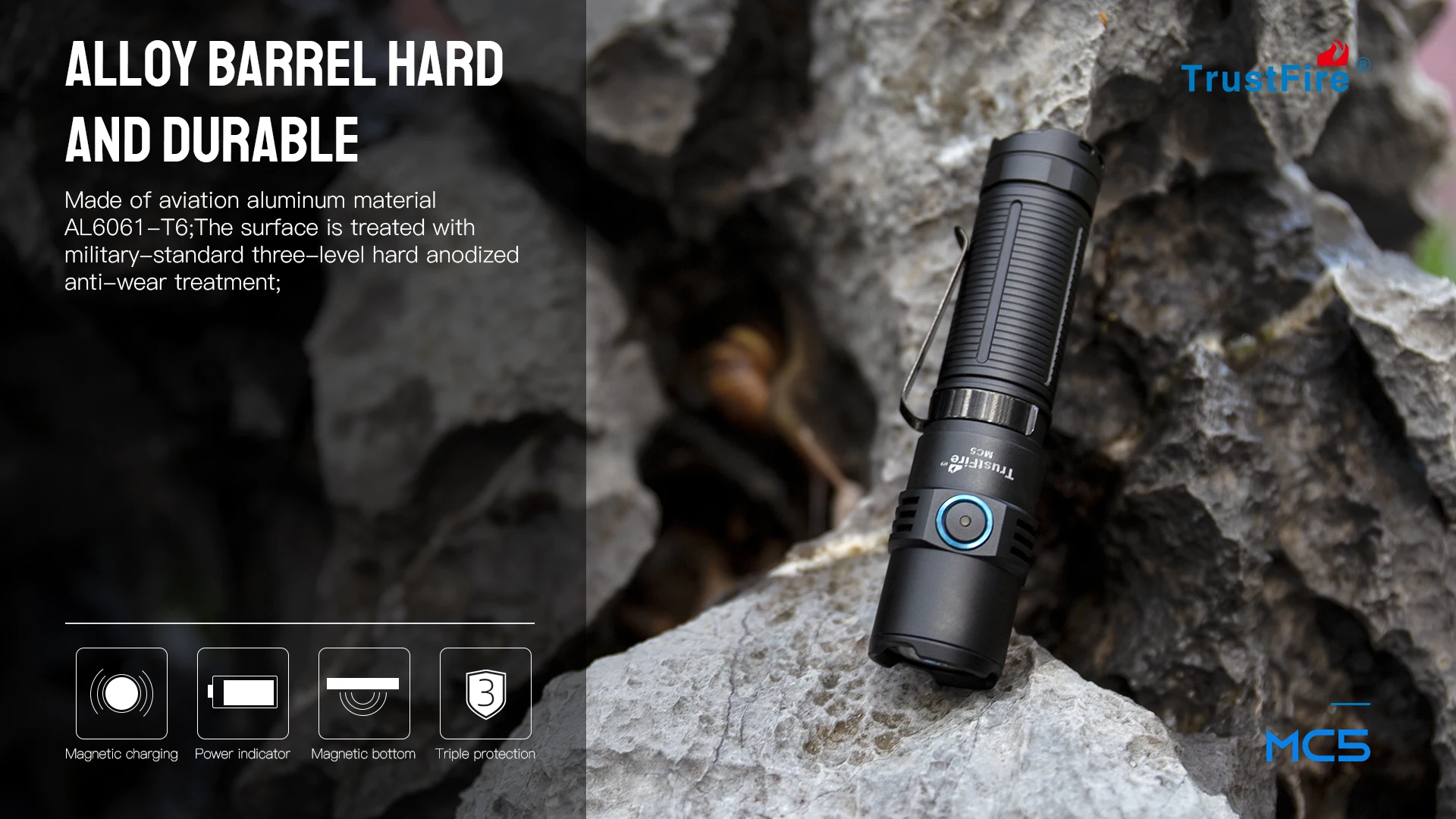 Trustfire MC5 LED Flashlight 3300Lumen Rechargeable Lamp EDC 21700 Battery Torchs with Magnetic USB Charging and Power Indicator