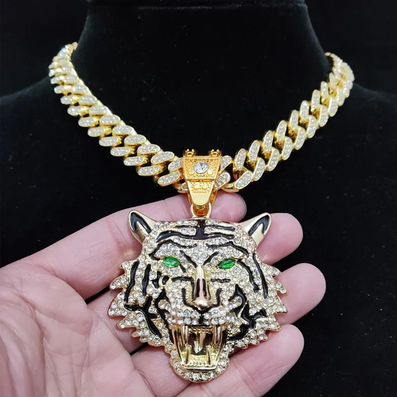 Hip Hop 3D Tiger Pendant Necklace with 13mm Crystal Cuban Chain HipHop Iced Out Bling Necklaces Men Women Fashion Charm Jewelry