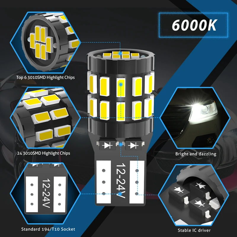 Katur 10Pcs T10 LED Canbus W5W LED Bulb Auto Lamp 3014 30SMD Car Interior Light 194 168 Light Bulb White Red Yellow No Error 12V