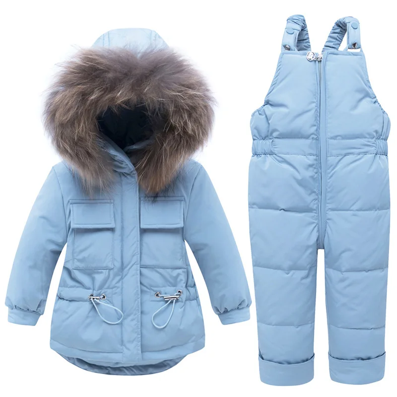 IYEAL Baby Kids Girl Clothing Sets Russia Winter Real Fur Hooded Coat + Overalls Jumpsuit Snow Children Ski Suit 1 2 3 4 Years