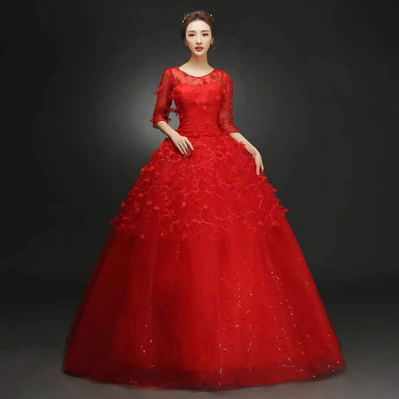 Anxin sh flor vermelha vestido de casamento do vintage o pescoço flor laço meia manga ilusão princesa laço vermelho vestido de casamento vermelho