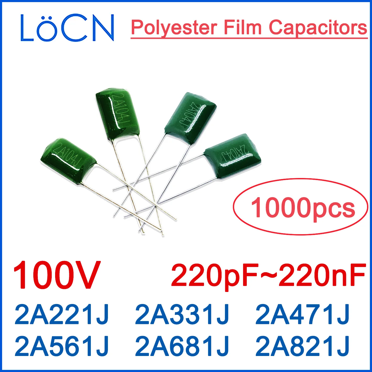 Polyester film capacitor CL11 100V 220pf 330pf 470pf 560pf 680pf 820pf 2A221J 2A331J 2A471J 2A561J 2A681J 2A821J 1000pcs LoCN