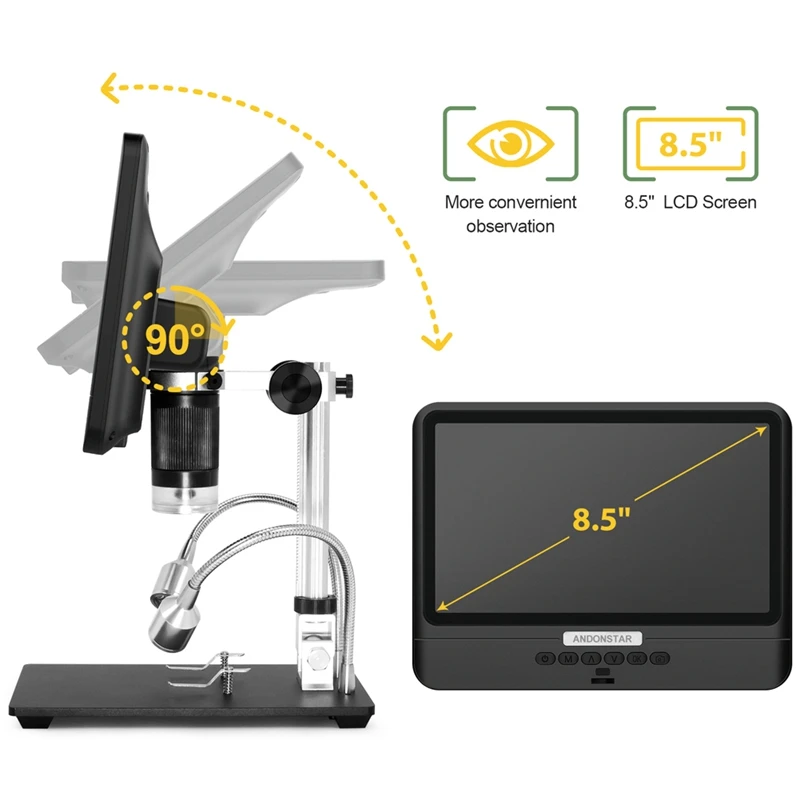 Imagem -03 - Andonstar-microscópio Display Lcd com Base de Metal Ajustável Microscópios Digitais para Reparação Telefônica Lupa para Solda 260x Smt 85 Pol