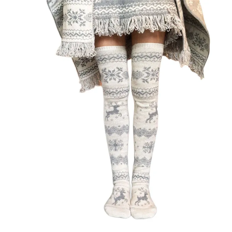 Women Knitted Stocking Warm Winter Fall Long Socks Christmas Snowflake Over the Knee Socks Woolen Stockings