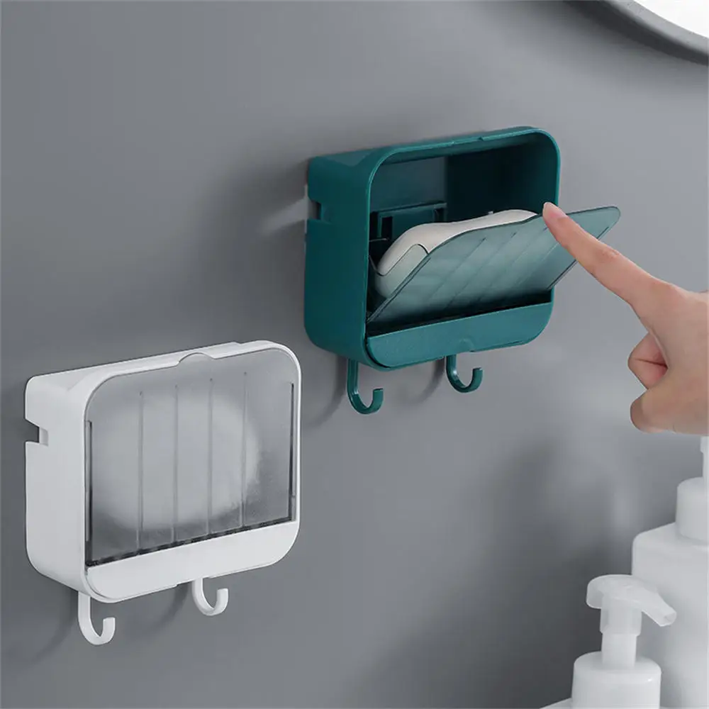 Vertical Dustproof Soap Dish With Lid Drain Soap Dish Bathroom Nail Free Wall Hanging Soap Holder Creative Soap Rack