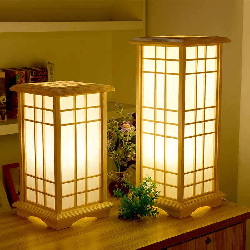 Nowoczesne japońskie lampy podłogowe Tatami Style kwadratowe drewniane lampy LED podłogowe sypialnia lampy stojące do salonu wysokie lampy E27