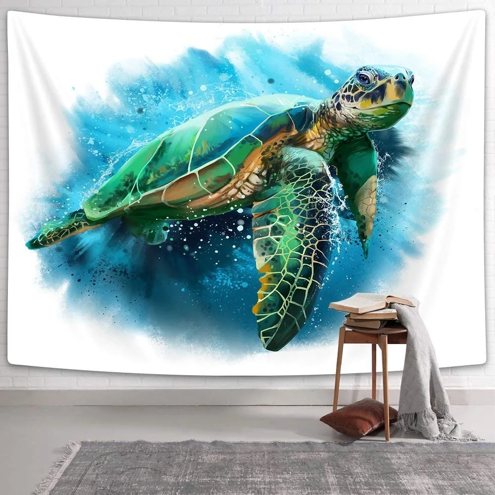 Watercolor Blue Sea Turtle Tapestry Wall Decor, Nautical Ocean Themed Tapestries Sea Animal Marine Life Wall Art Tapestry