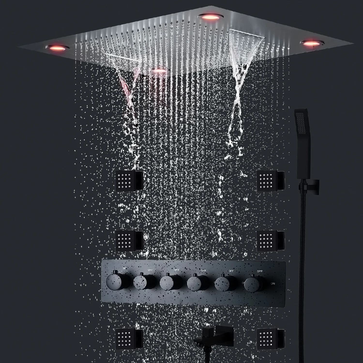 Ceiling Mounted LED Shower Head 32x24inch 800x600mm Constant Temperature Mixer Valve Rainfall Waterfall Faucet Wall Lateral Jet