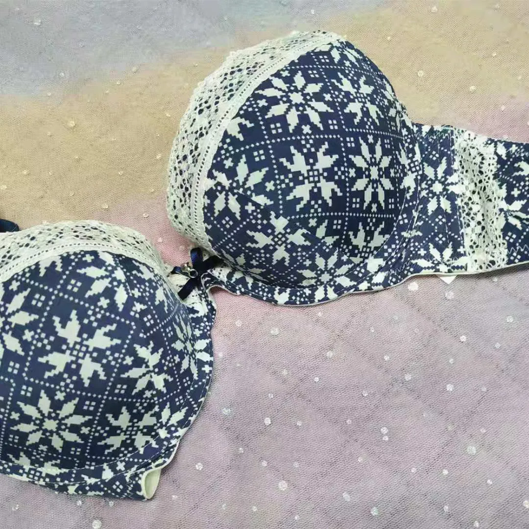 Snowflake Print Bra Set for Women Lingerie Push Up Denim Bra and Panty Set Gathered Underwear On Sale