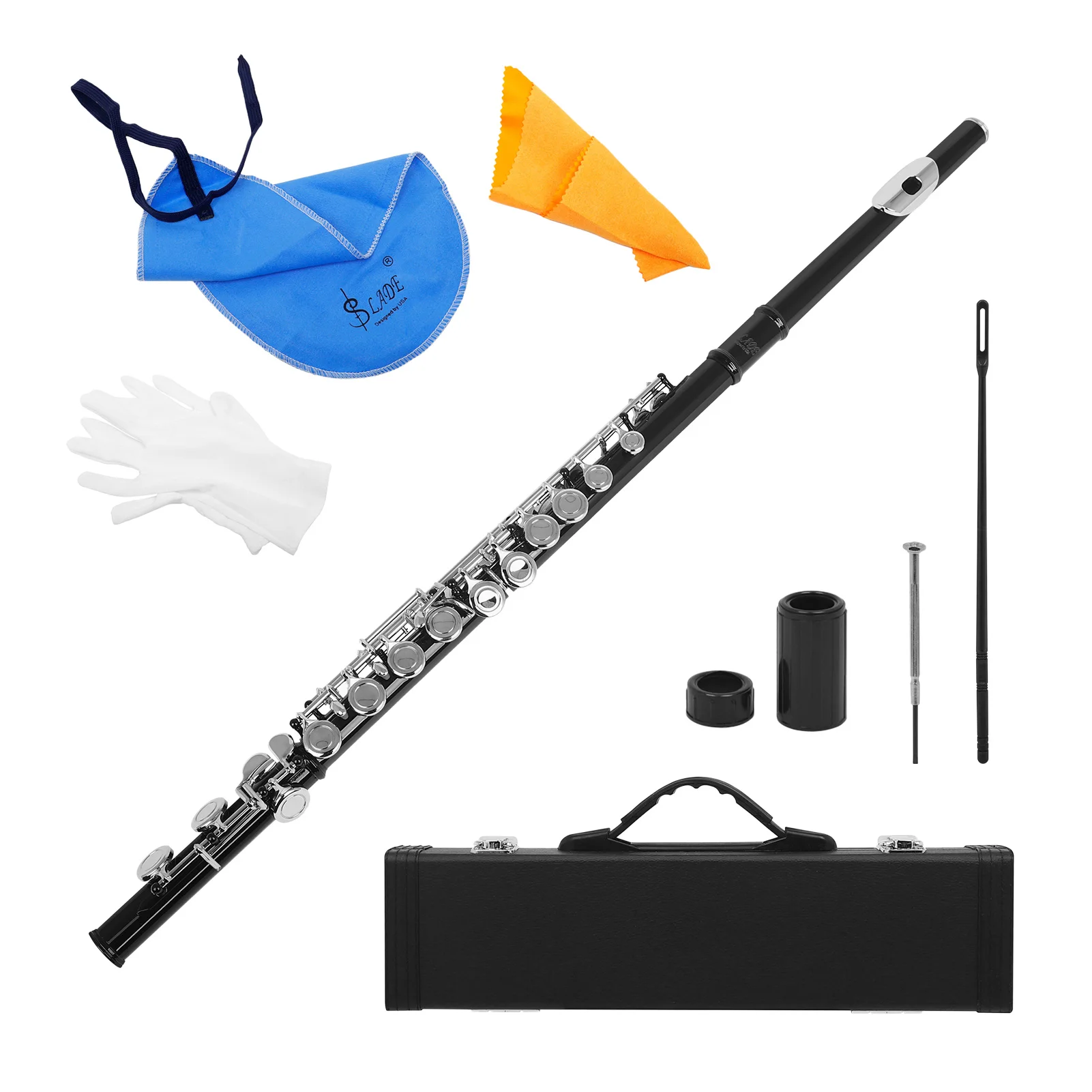 

Western Concert Flute Cupronickel Nicke Plated 16 Holes C Key Flute Woodwind Instrument & Cleaning Cloth Stick Gloves Mini Case