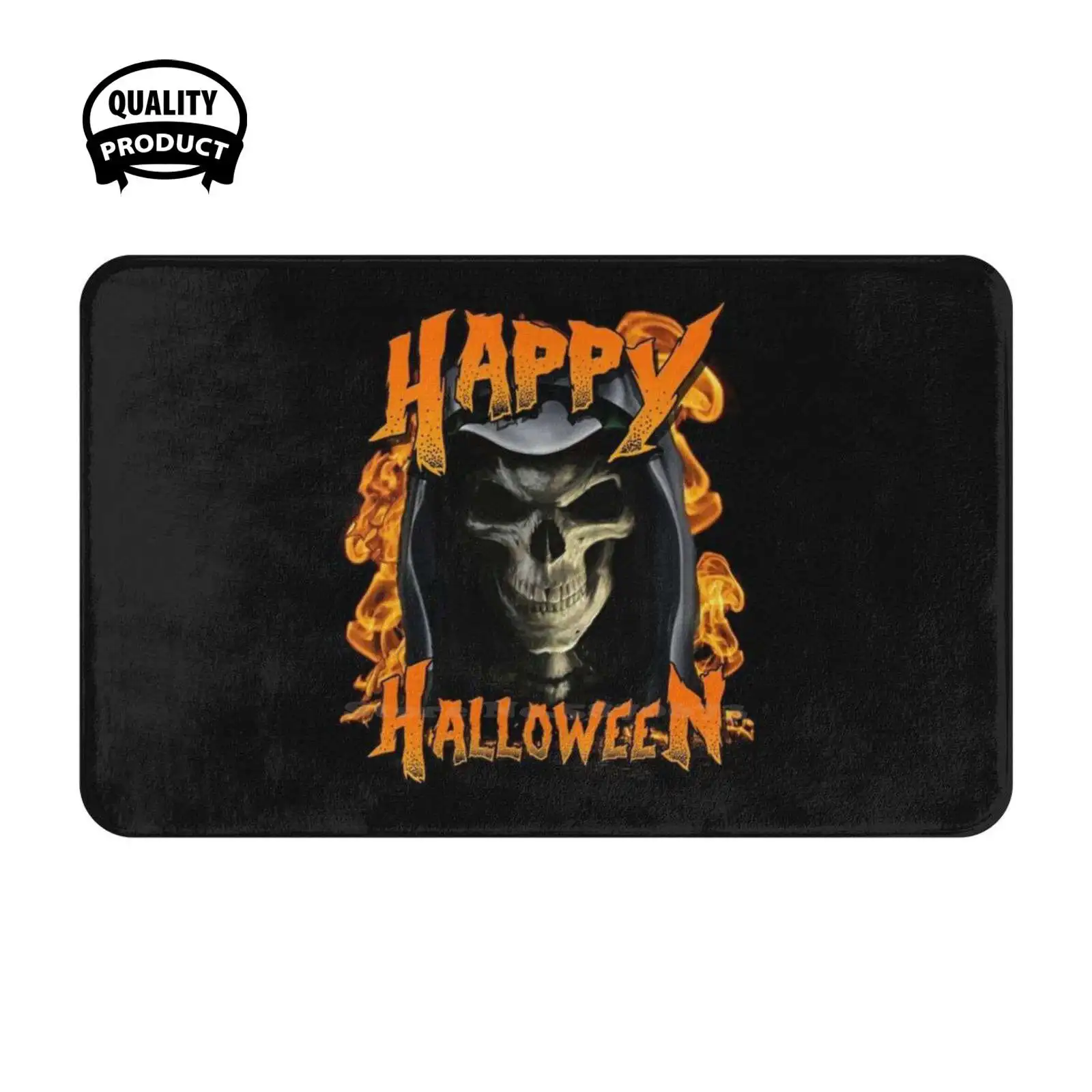 Happy Halloween Death Skull Grim Reaper With Flames Soft Cushion Home Carpet Door Mat Car Rug Happy Halloween Death Skull Grim