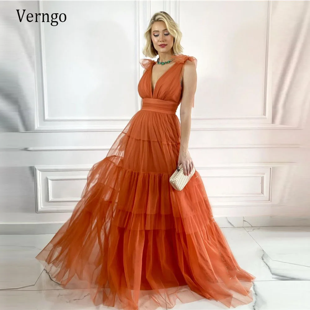 Verngo 2021 uma linha laranja longo vestidos de baile com decote em v babados saia em camadas arco ombro sem costas vestidos de noite simples vestido de festa