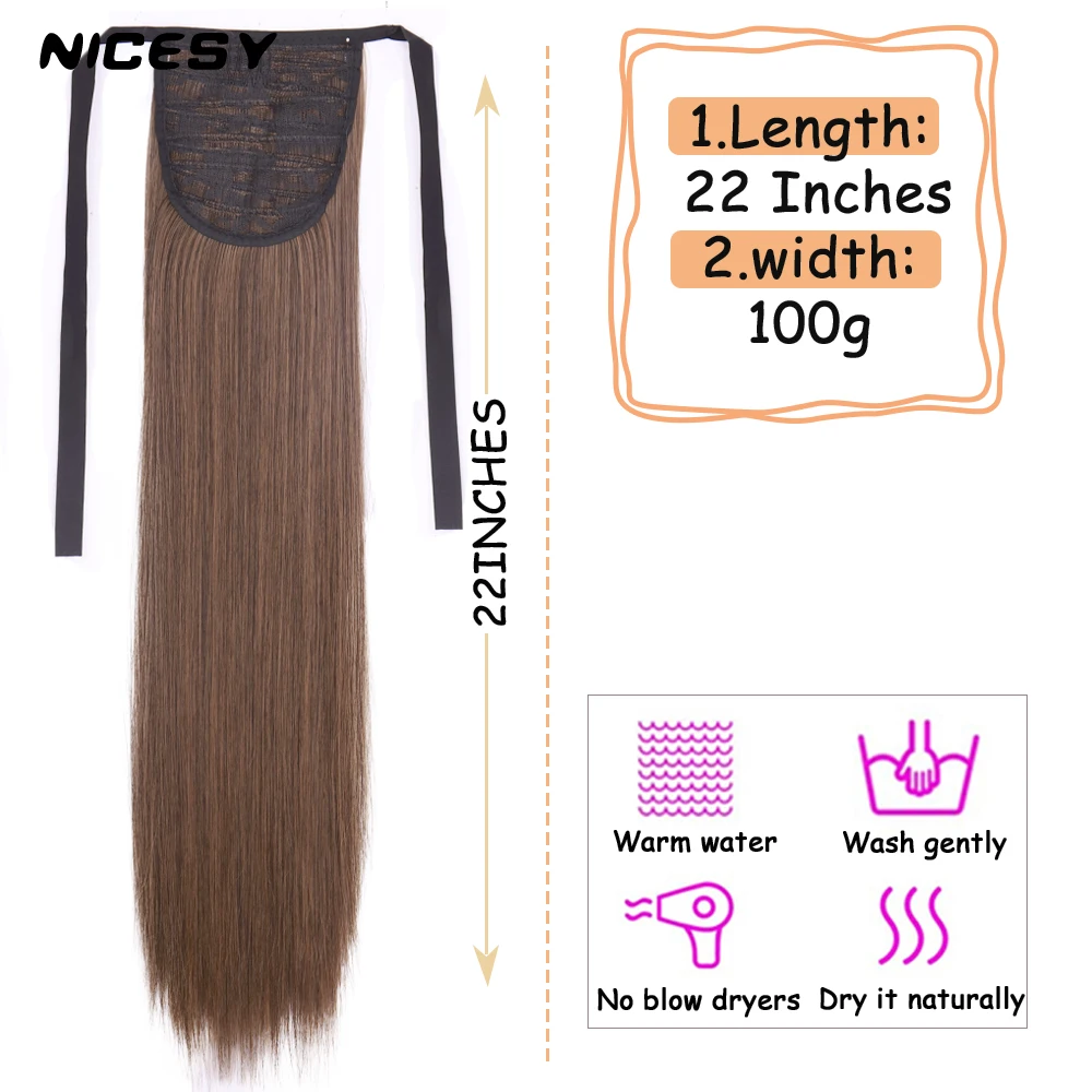 NICESY Synthetic Brown Long Straight ClipIn Extensions Tail False Hair Strappy Ponytail 22'' Fiber Heat-Resistant PonyTail Fak