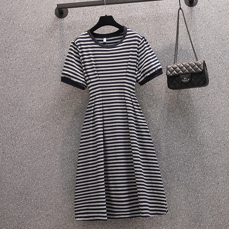 EHQAXIN Striped Dress For Women Fashion Simple Short Sleeve Loose All-Match High Waist A-Shaped T-Shirt Long Dresses L-4XL