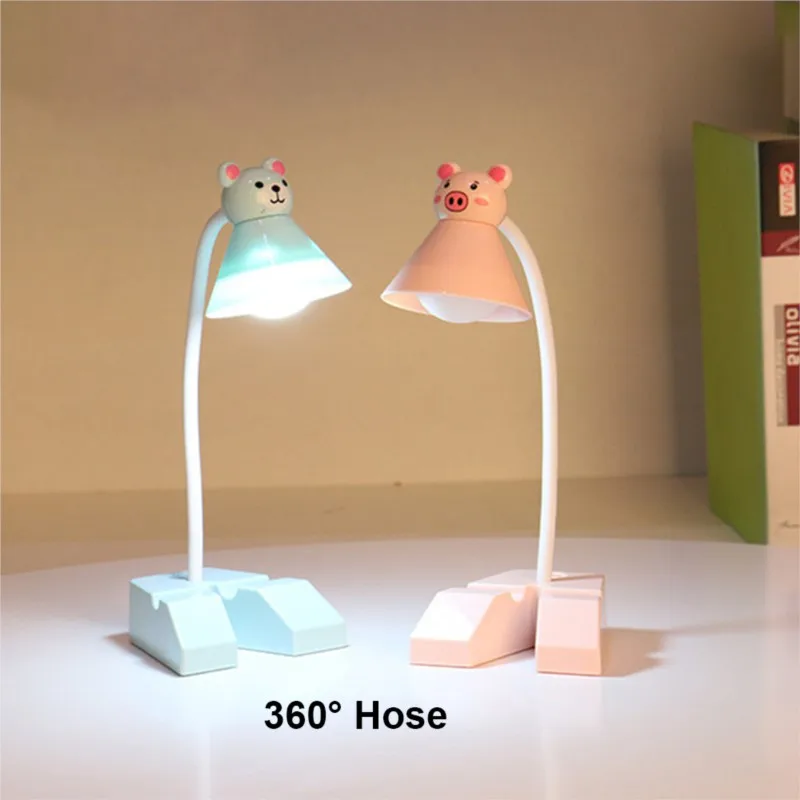 Cartoon Lampshade LED Desk Lamp with Phone Holder Base Push Buttion Switch on / Off USB Charging Table Light Study Room