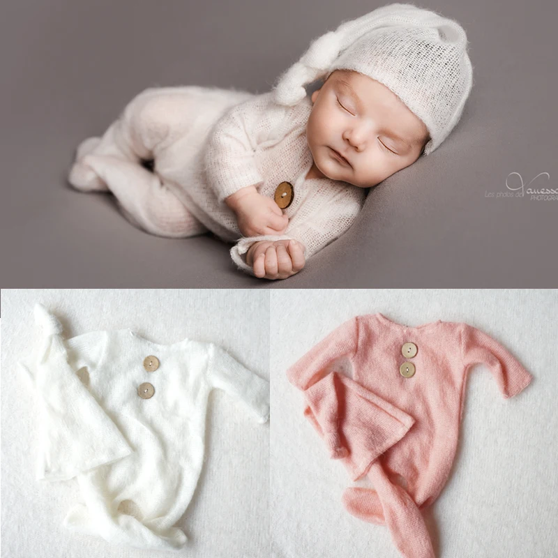 Crochet Mohair Bebe Fotografia Baby Clothes Newborn Photography Props Boy Hats Romper Set Indoor DIY Photo Studio Accessories