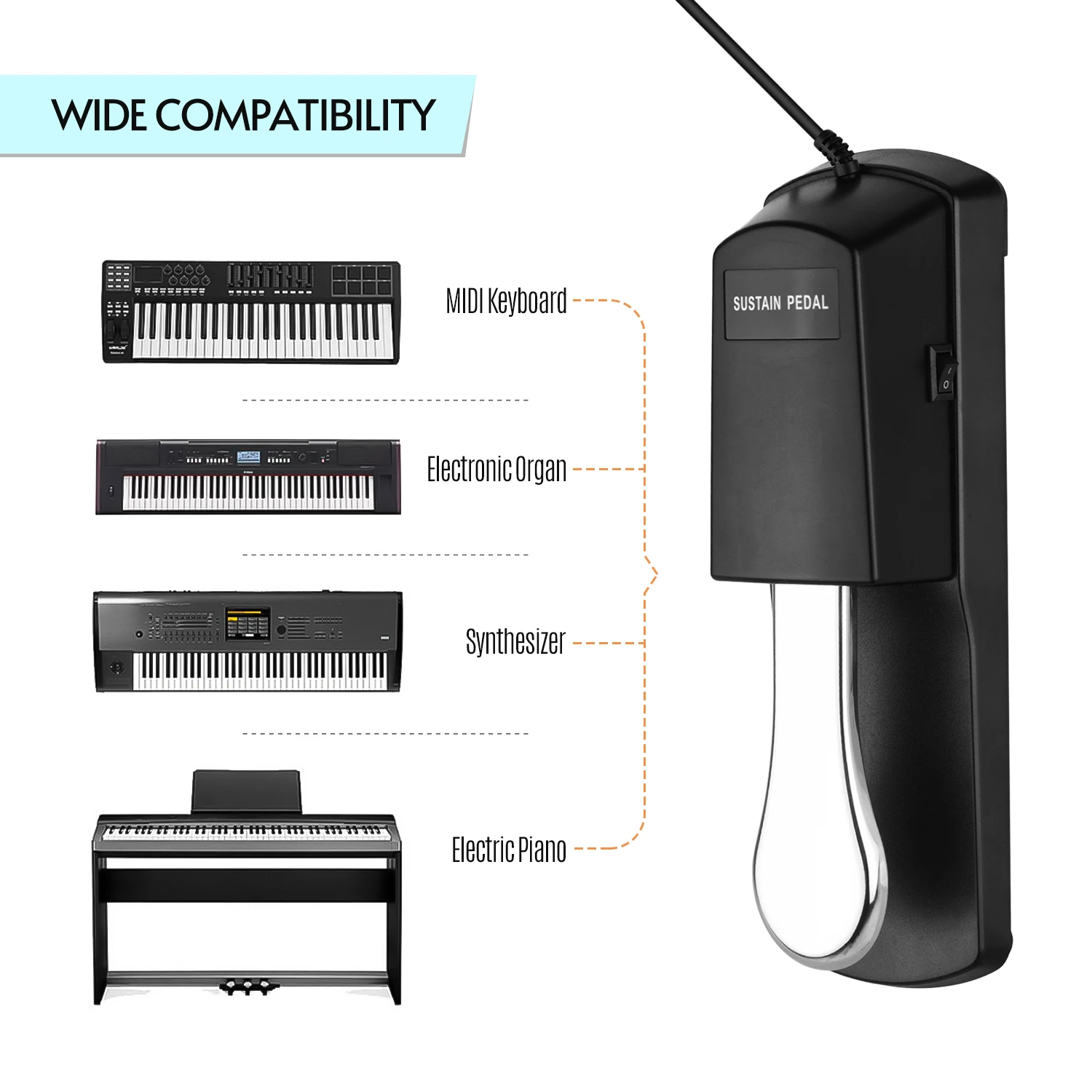 Piano Sustain Pedal Keyboard Damper Pedals Synthesizer for Electronic Organ MIDI Keyboards Digital Pianos with Polarity Switch