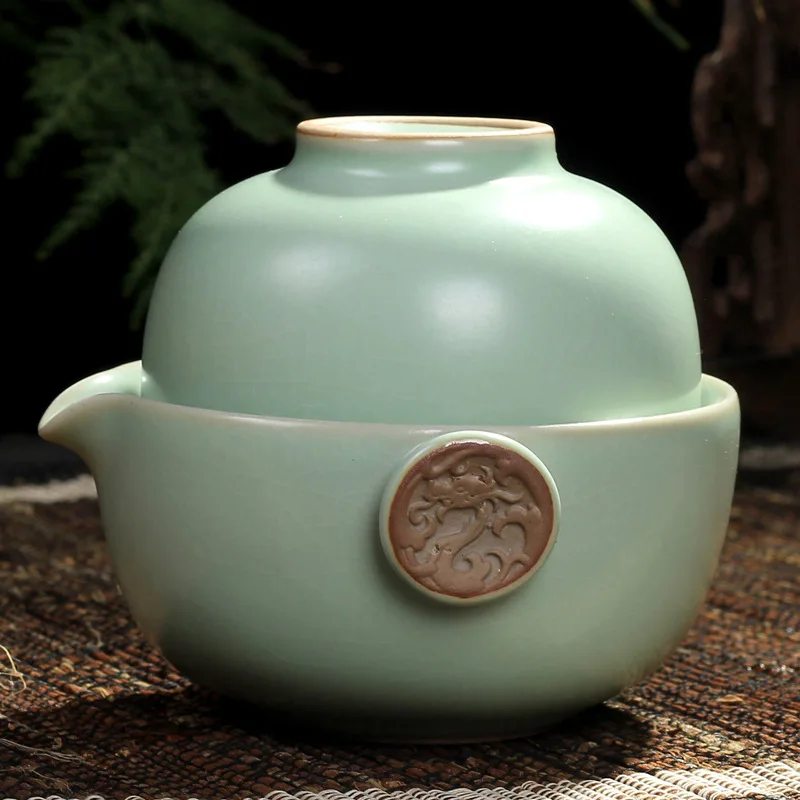 [GRANDNESS] Xiang Long * Ru Kiln Celadon Kung Fu Tea Cup & Teapot Set ,Ruyao Tea Set Include 1 Pot 1 Cup Travel Tea Set