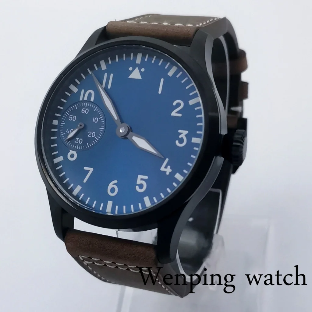 New 42mm Sterile Sapphire Crystal Black And White Blue Green Dial Fit ETA 6497 Manual Winding Men\'s Watch Leather Strap