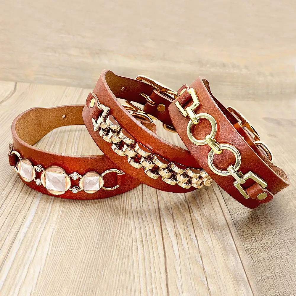 Real Leather Dog Collar Durable Dogs Collars Bling Rhinestone Cool Metal Dog Accessories for Small Medium Dogs