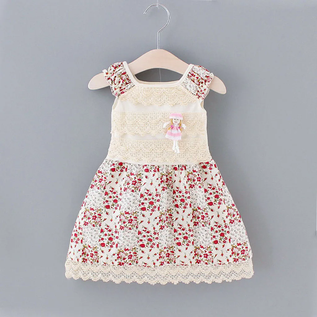 2022 New Fashion princess dresses for toddler baby girls Flower Print Lace Ruffle Summer Dress Brooch Outfits Hot sell 6/24M