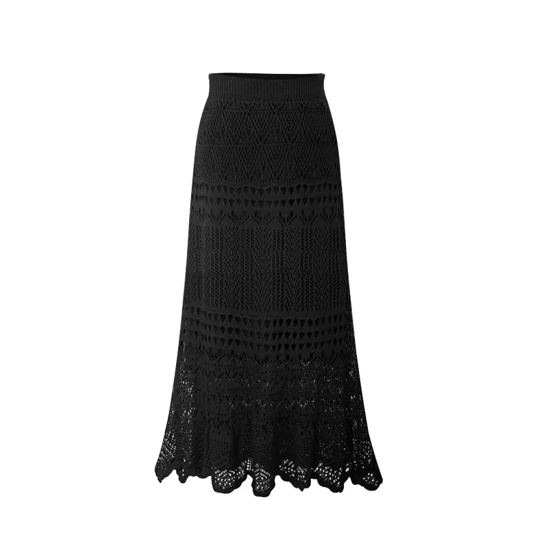 Korean 2024 New Women Knitting Long Skirts High Waist Flower Hollow Knitted Female Classic Loose Large Long Skirt