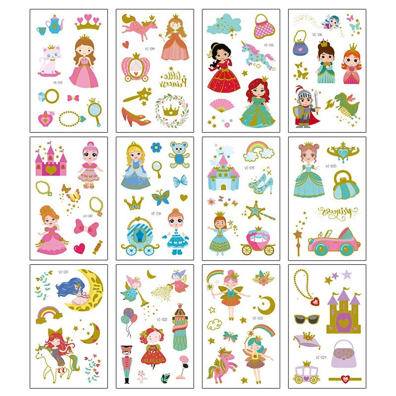 Children Tattoo Stickers Princess Cartoon Castle Princess Dress Hot Stamping Stickers Girls Birthday Dress Up Temporary Tattoos