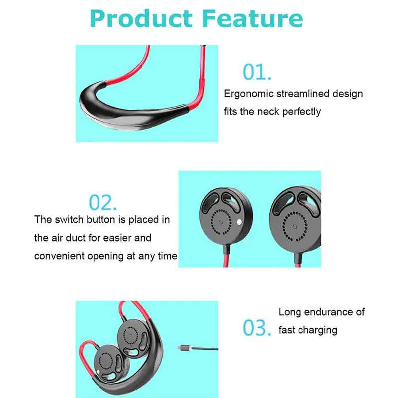 Personal Portable Neck Fan Rechargeable Hand Free Necklace Fan For Household Outdoor Sports Three Adjustable Gear USB Charging