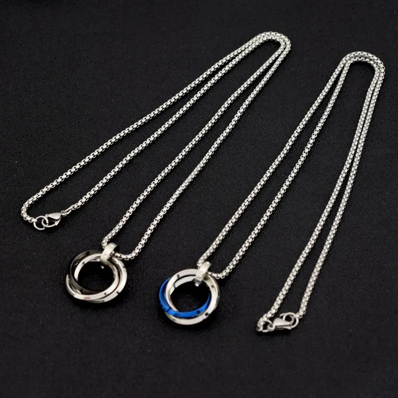 Long Chain Around The Neck Crystal Black Blue Ring Buckle Charm Pendant Necklace Stainless Steel Necklaces For Women Men Jewelry