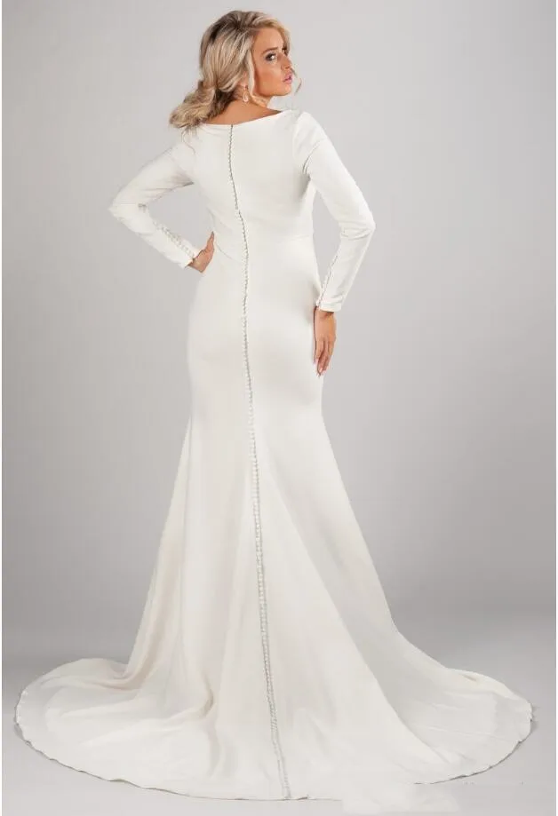 Crepe Meerjungfrau Hochzeit Kleider Modest Langen Ärmeln Boot-ausschnitt Tasten Zurück Einfache Elegante Brautkleider Religiöse Braut Kleid