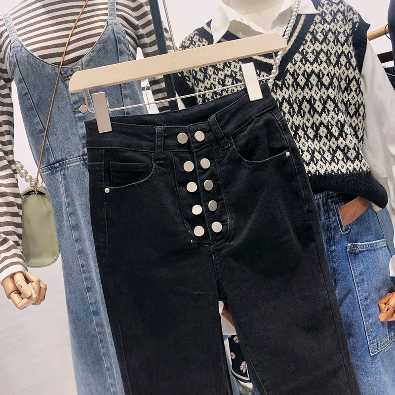 Women Fashion High Waist Button Denim Pants Retro Slim Jeans Fleece Lining Pencil Pants Jeans Female Skinny Trousers Streetwear