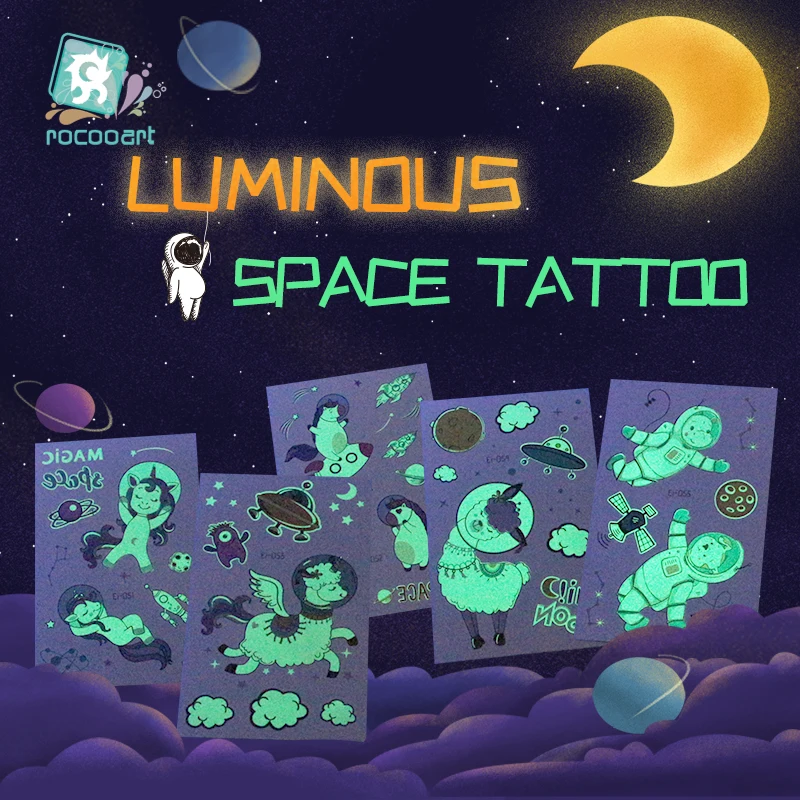 Rocooart Space Man Tattoo For Children Glowing Dark Taty Waterproof Fake Tatoo Luminous Tattoo Stickers Body Art Cartoon Tatto