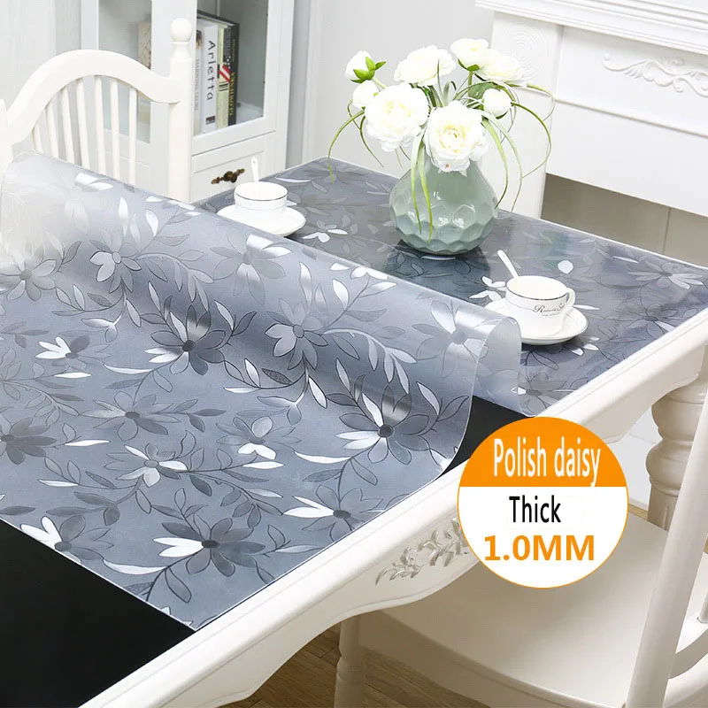 Transparent Tablecloth PVC Soft Plastic Glass Table Cloth Frayed Edge Transparent waterproof Polish-Proof Oil Tablecloth 1mm