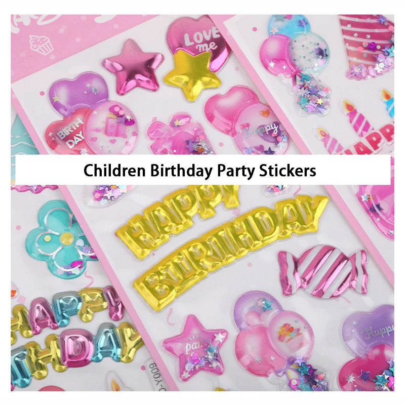 Children Kids Birthday Party Stickers Sequins Quicksand 3D Sticker Toy Candy Color Cake Balloon Unicorn Decoration Gift