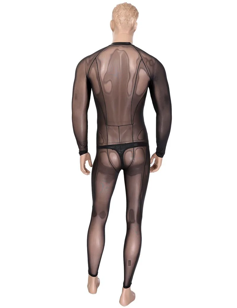 Men See Through Mesh Lingerie Skinny Full Body Bodysuit Long Sleeves Leotard Jumpsuit Muscle Fetish Wear