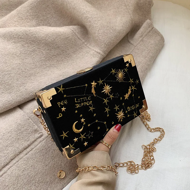 

Fashion Printing Starry Sky Box Bag Women Design Metal Chain Messenger Bags Ladies Fresh Shoulder Bags Chic Crossbody Bag
