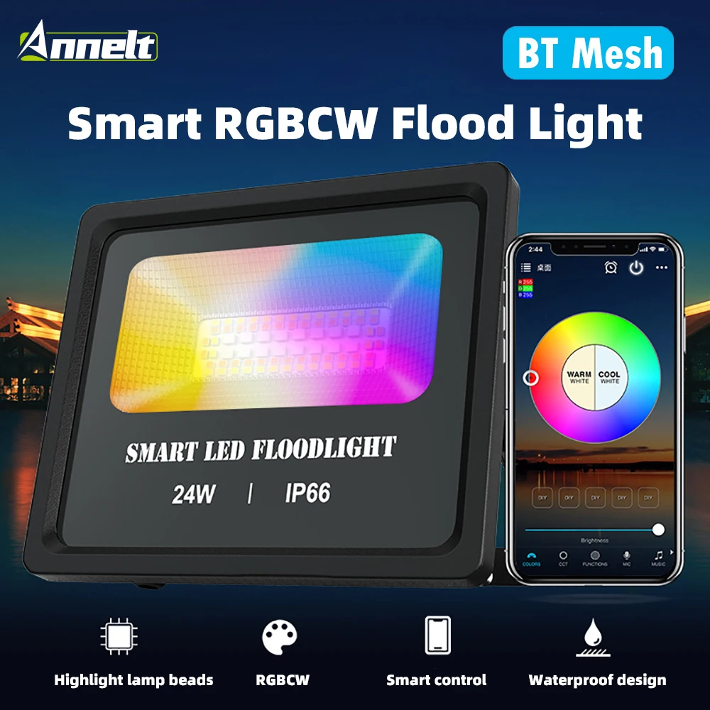 

Светодиодный прожектор 24 Вт BT Mesh, 100-240 В, умный RGB прожексветильник IP66, изменение цвета, управление через приложение, уличсветильник