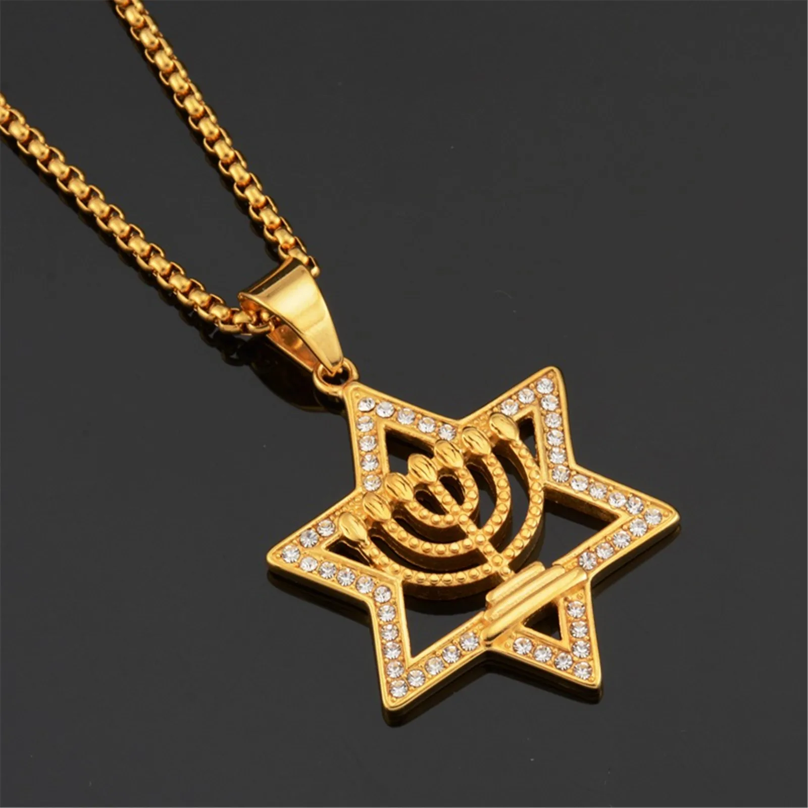 Menorah Judaica Magen David Stainless Steel Pendant Golden Necklace Judaism Jewish Jewelry for Men Women Israel National Emblem