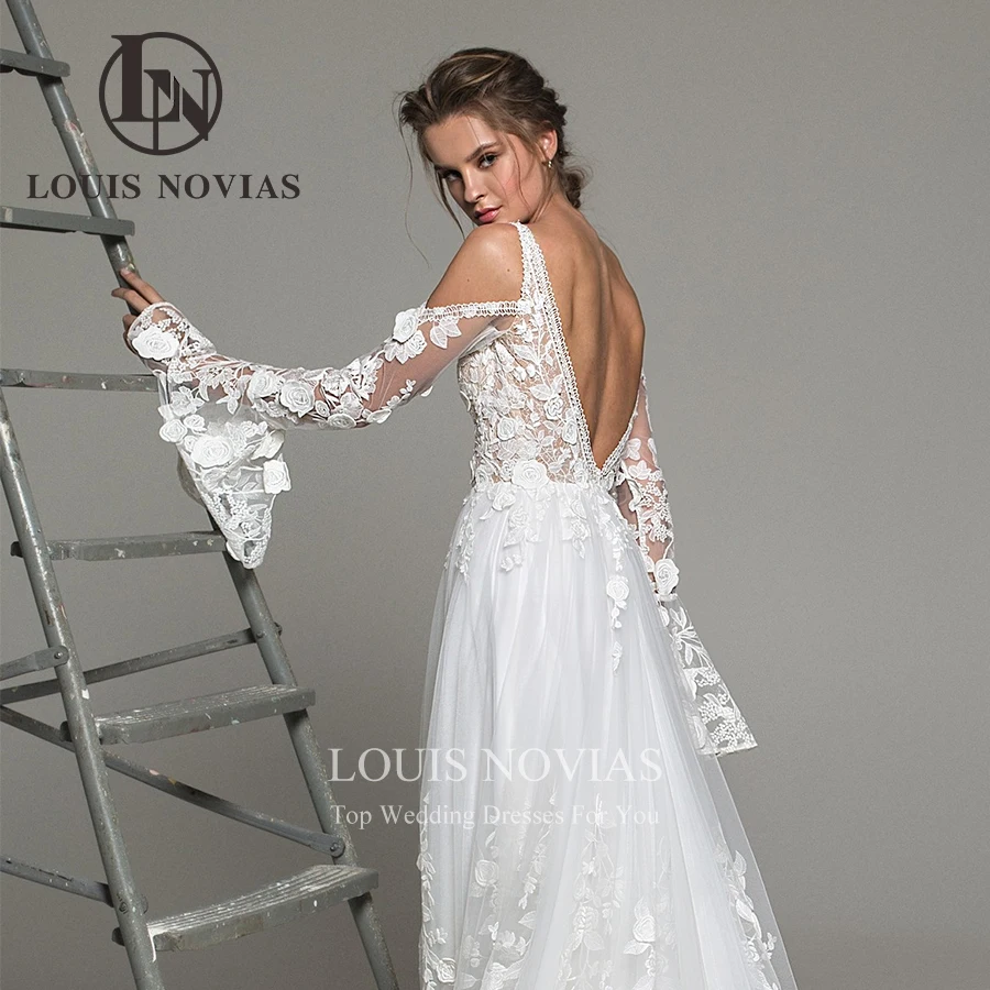 LOUIS NOVIAS-vestido De Novia bohemio, corte en A, Espalda descubierta, ilusión De encaje, cuello en V, bordado, manga acampanada, Vestidos De Novia