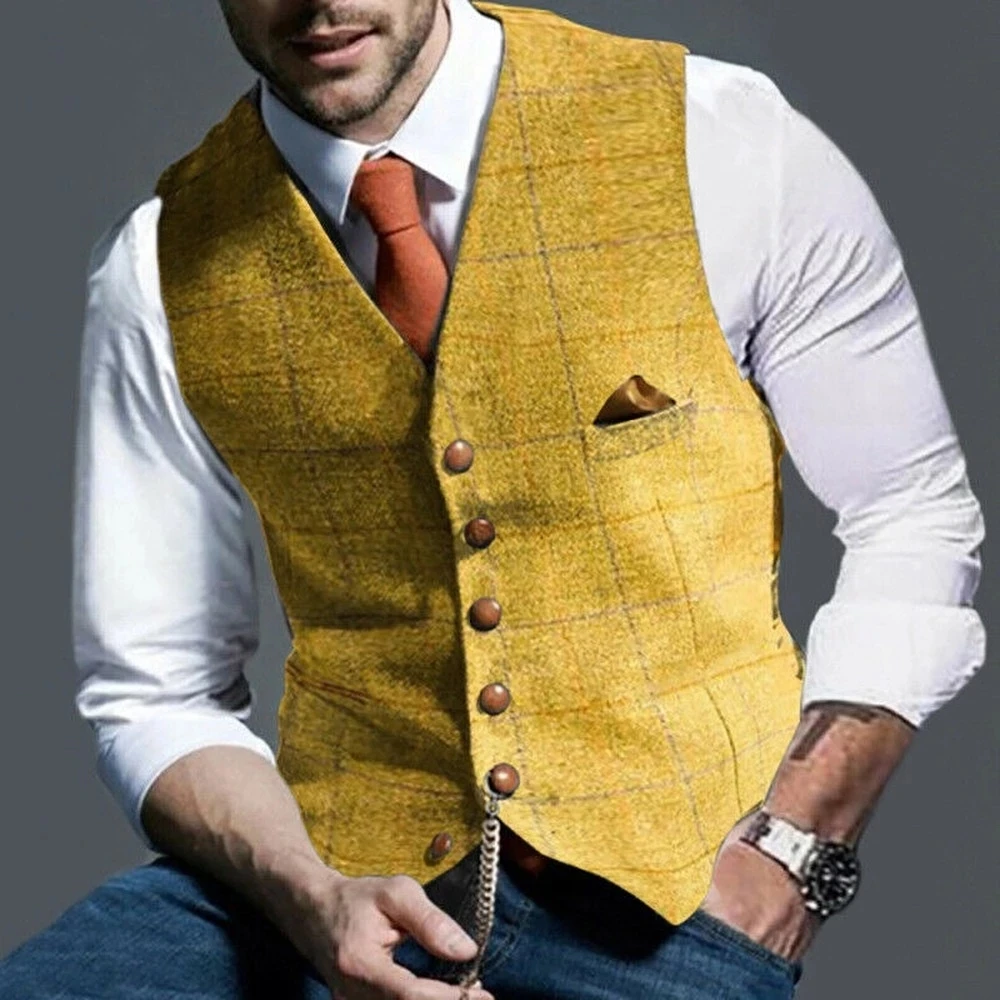 

Men's Suit Vest Yellow Plaid Tweed V Neck Single Breasted Grey Slim Fit Business Waistcoat for Groom Costumes Men Clothing 2021