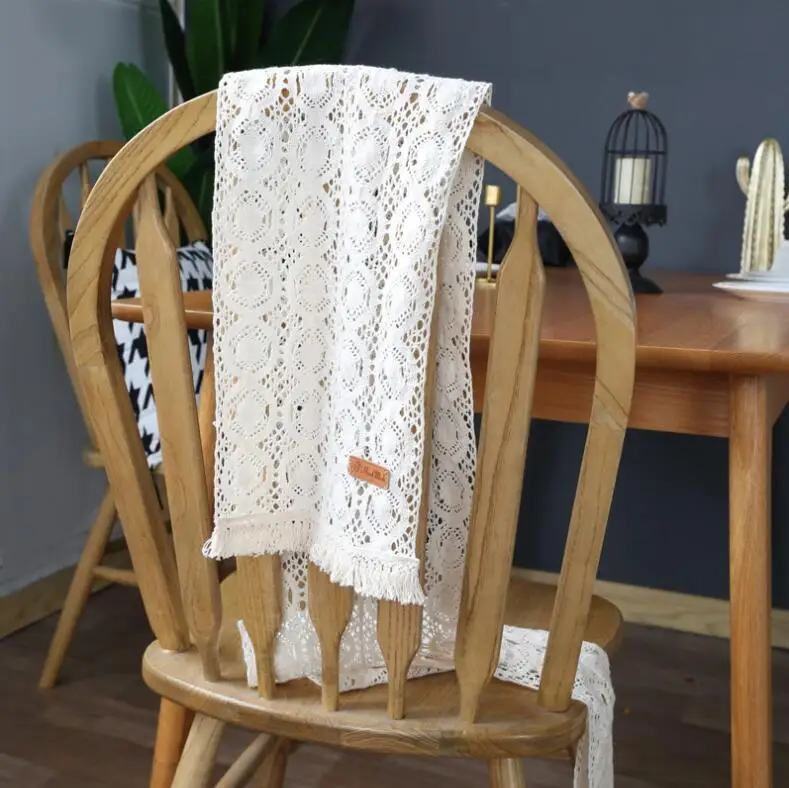 

Beige Cotton Fabric Table Runner Tassels for Wedding Handmade Runners Lace Crocheted Hollow Table Covers Home Tables Decoration