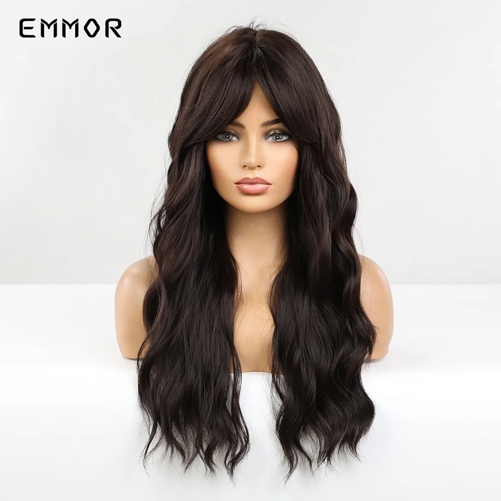 Emmor Synthetic Natural Black Brown Water Wavy Wigs with Bangs Dark Brown Wave Hair Wig  for Women Heat Resistant Fiber Hair Wig