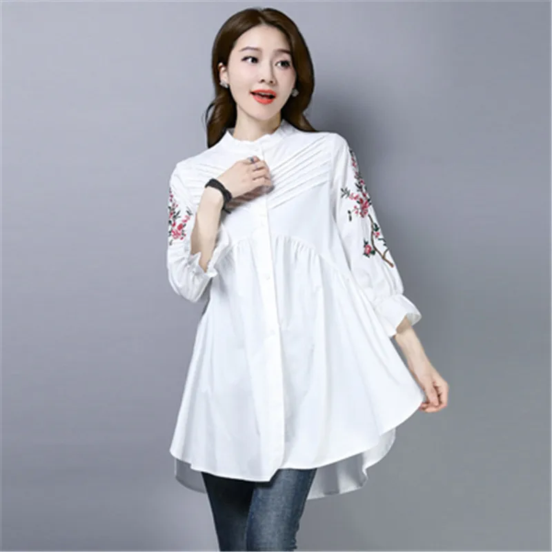 Chinese style embroidered nine-point sleeve cotton and linen shirt women 2021 spring large size top loose mid-length shirt A501