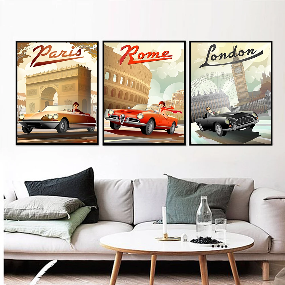 France Poster London Big Ben Retro Print Italy Rome Colosseum Arc de Triomphe Retro Car Wall Art Canvas Home Decor For Bedroom