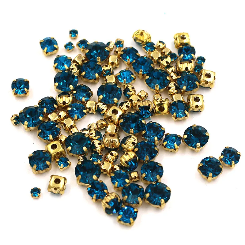 100pcs/bag Mixed size glass strass crystal Clothing loose beads gold base sewing Peacock blue rhinestones diy Wedding decoration