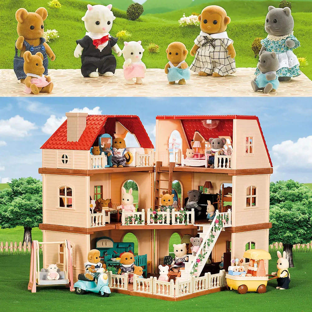 Famille Animaux de la Forêt, maison de courses, grand scooter bleu, accessoires miniatures, meubles pour poupées, mini fille jouant, cadeaux de Noël, 1/12